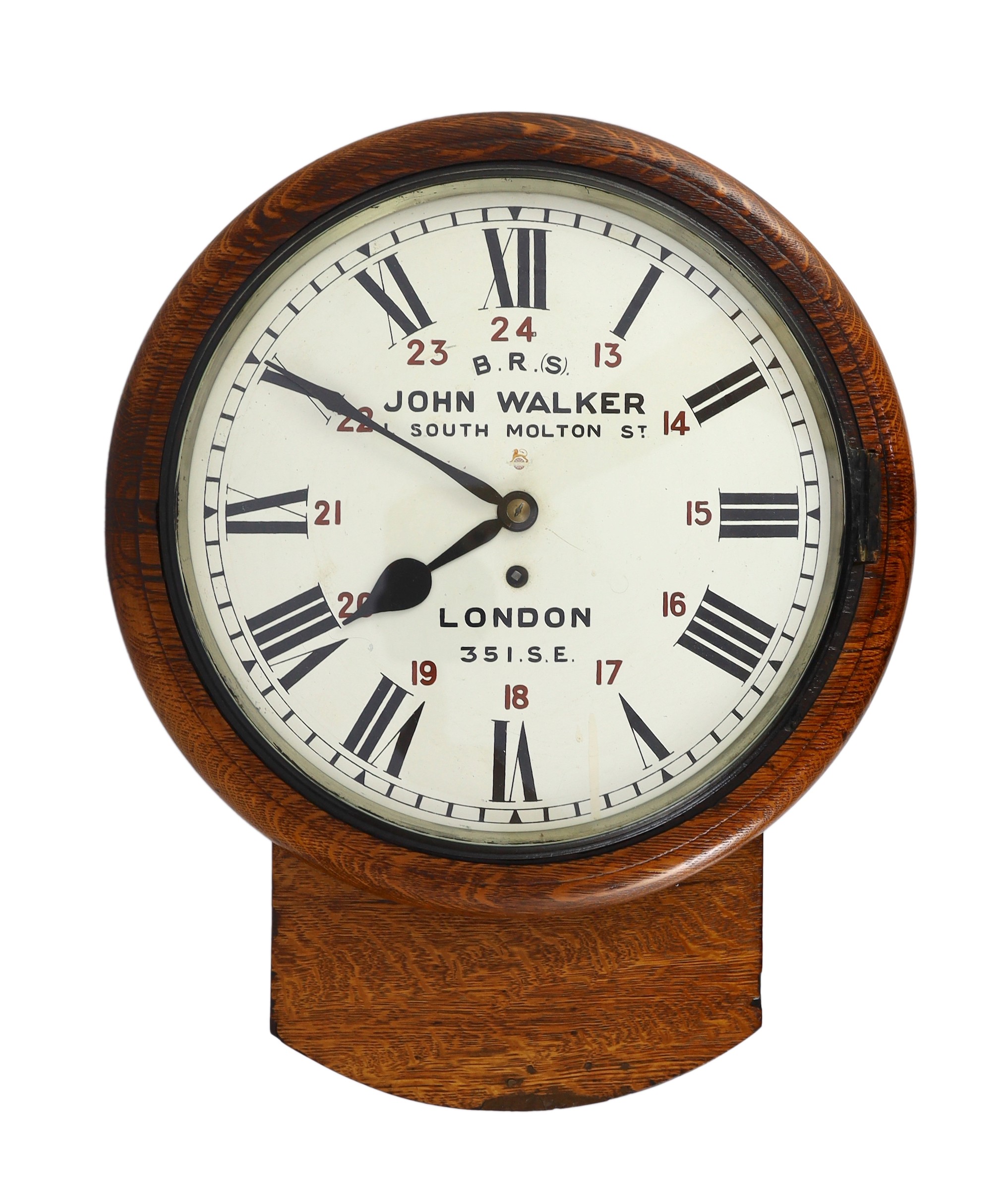John Walker, South Milton St, London. An Edwardian oak cased drop dial wall timepiece with British Rail South inscription, width 37cm height 46cm